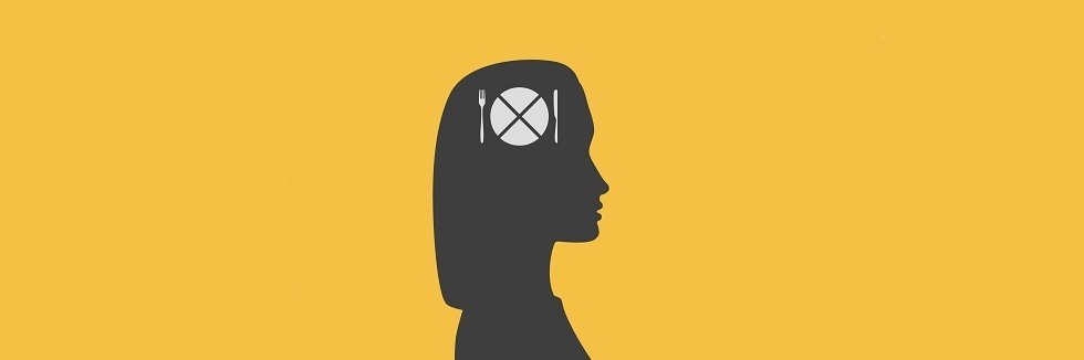 Auf senfgelben Hintergrund ein graues Frauenkopf-Piktogramm von der Seite. Im Kopf ist ein weißes Icon eines Tellers mit Messer und Gabel.