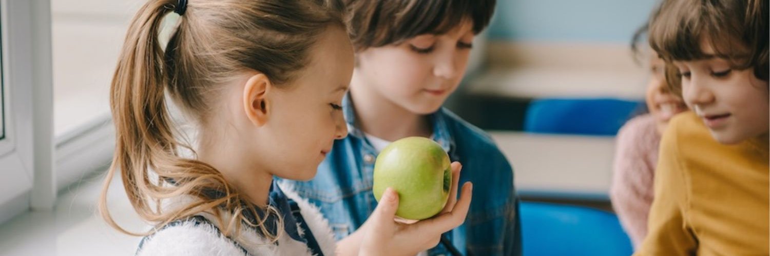 Schulkinder halten grüne Äpfel in ihren Händen und begutachten sie.