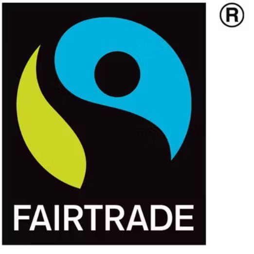 Fairtrade-Siegel mit grün-blauem Logo auf schwarzem Grund.