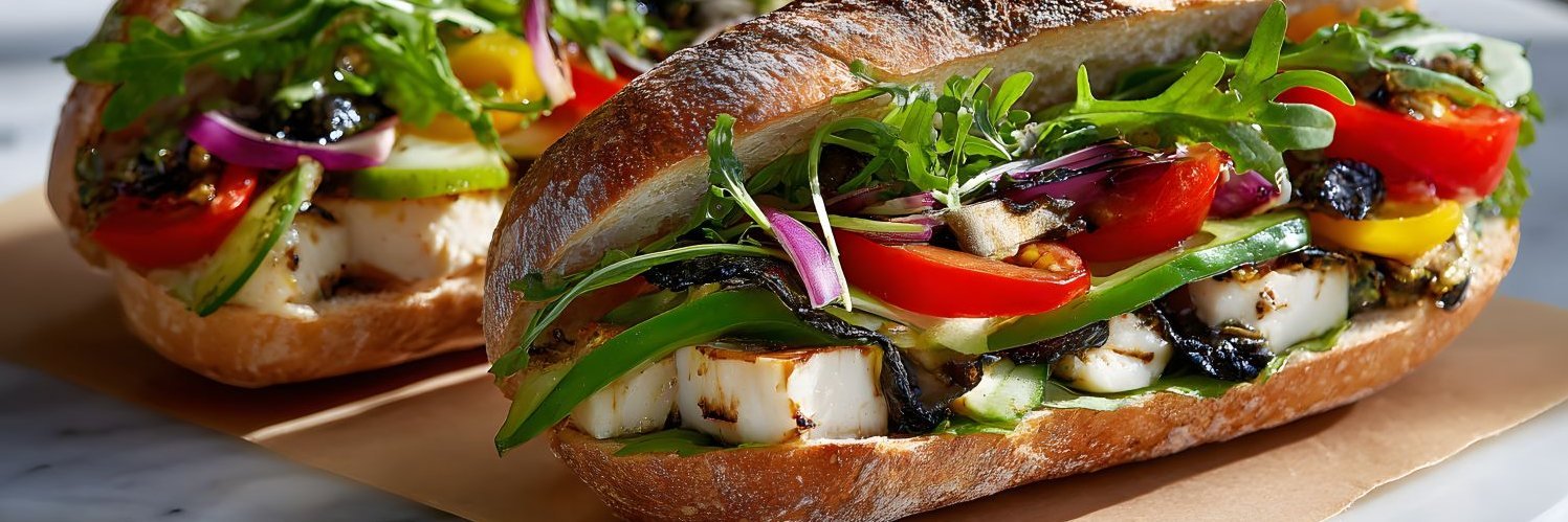 Zwei mit buntem Gemüse belegte Brötchen.