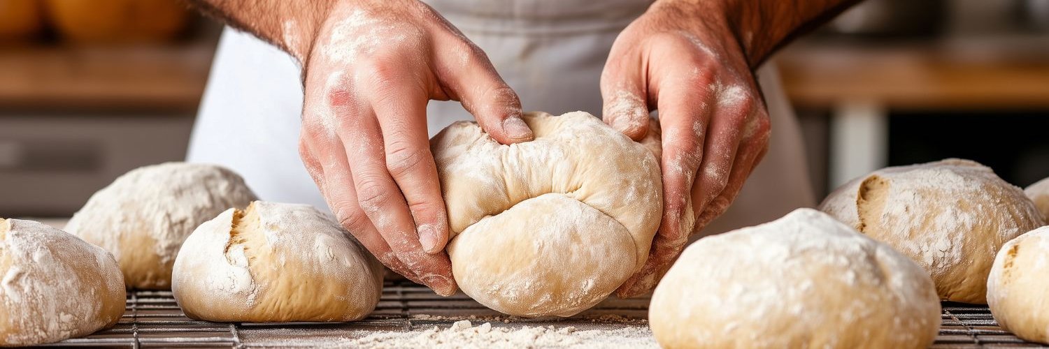 Zwei Männerhände kneten einen Brotteig. Ringsherum liegen weitere Teiglaibe.