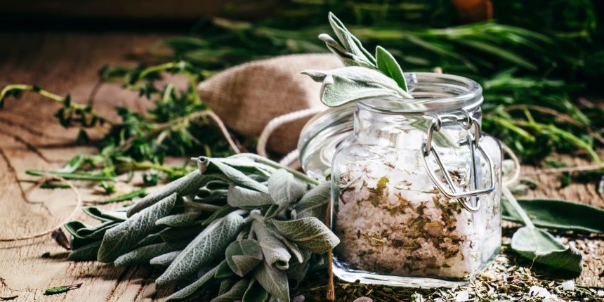 Ein Glas Kräutersalz und daneben liegen verschiedene frische Kräuter. Artikel "Kräutersalz selbst gemacht" öffnen.