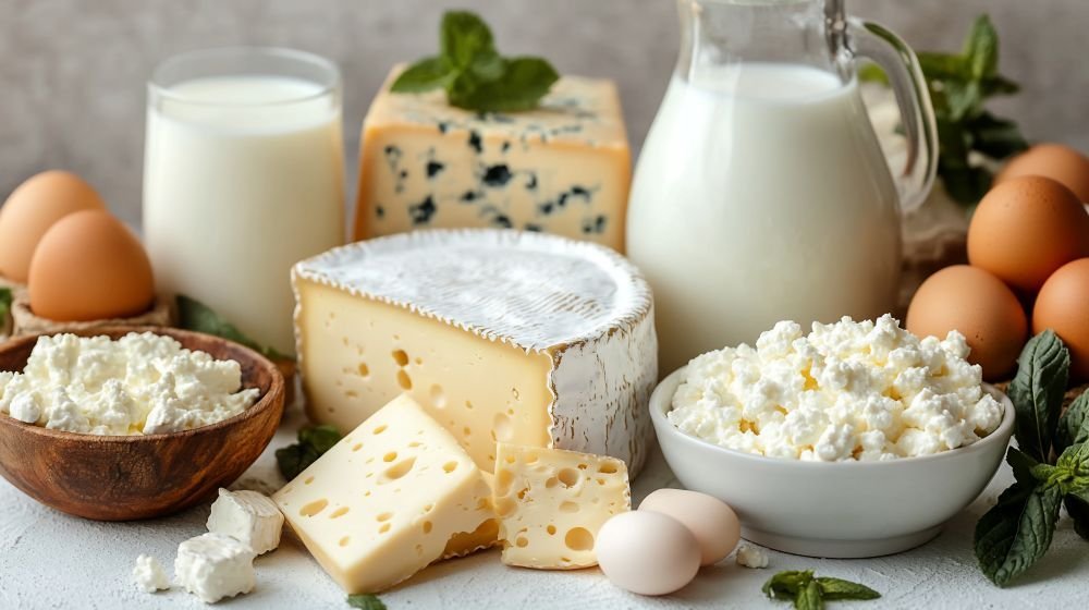 Milch, Milchprodukte, Eier und Käse in Schälchen und Karaffen präsentiert. 