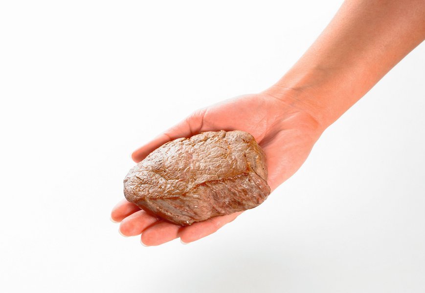 Eine Hand hält ein Stück Fleisch.