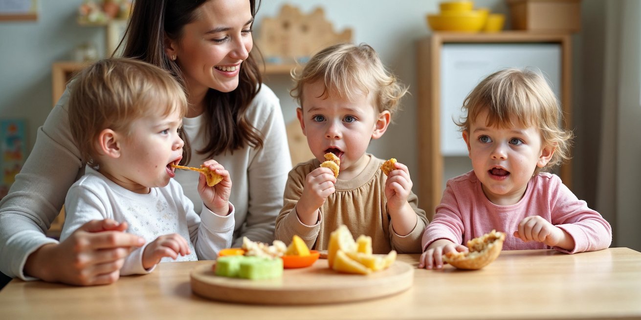 Drei Kitakindern probieren in Begleitung ihrer Erzieherin Brot und Obst.. Artikel "KiTaleben gestalten" öffnen.
