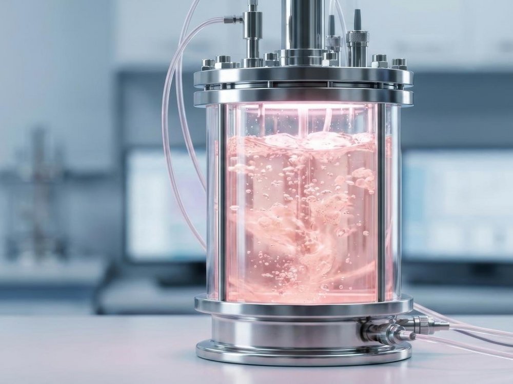Es wird ein spezieller Glasbehälter dargestellt, in dem neue Technik zur Herstellung von Eiweiß aus neuen, pflanzlichen oder gezüchteten Quellen, die das Wachstum von Mikroorganismen ermöglichen, getestet werden.