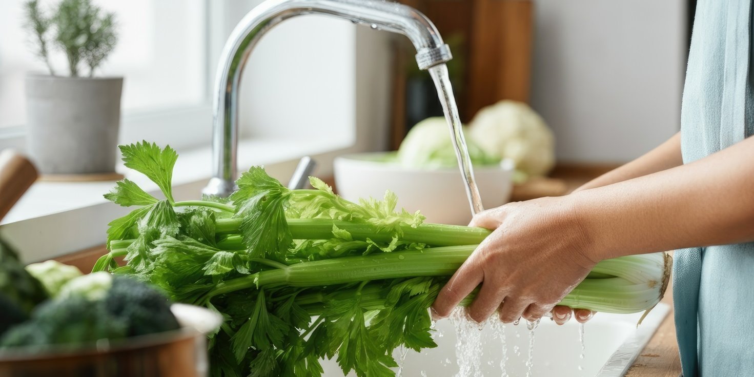Eine Frau steht vor einer Spüle und wäscht Stangensellerie unter fließendem Wasser.. Artikel "So vielseitig ist Staudensellerie" öffnen.