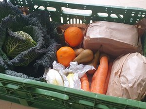 In einer grünen Kunststoffkiste liegen Gemüse, Obst und zwei verpackte Brote.