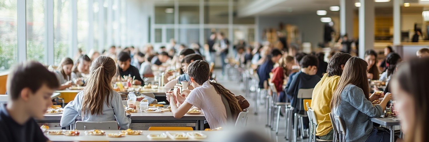 Blick in eine Schulmensa mit großen Fenstern. An vielen Tischen sitzen Jungen und Mädchen beim Mittagessen.
