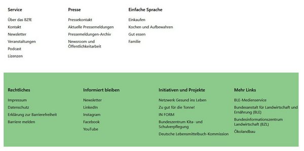 Screenshot der Fußzeile auf bzfe.de