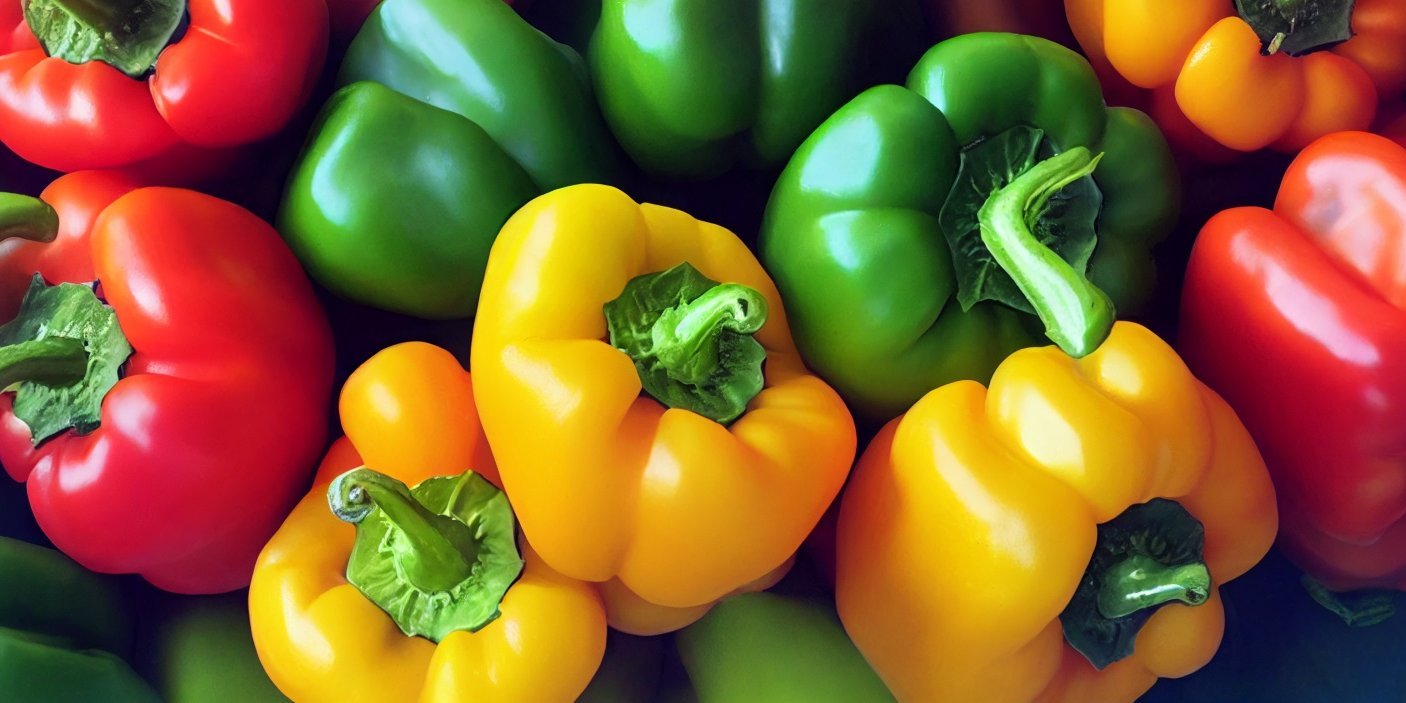 Das Bild ist ausgefüllt mit gelben, roten und grünen Paprikaschoten.. Artikel "Bunte Gemüsepaprika" öffnen.