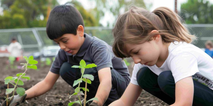 Ein Junge und ein Mädchen hocken nebeneinander auf einem Acker und pflanzen eine Pflanze in den Boden.. Artikel "Frühlingserwachen im Kita- und Schulgarten" öffnen.