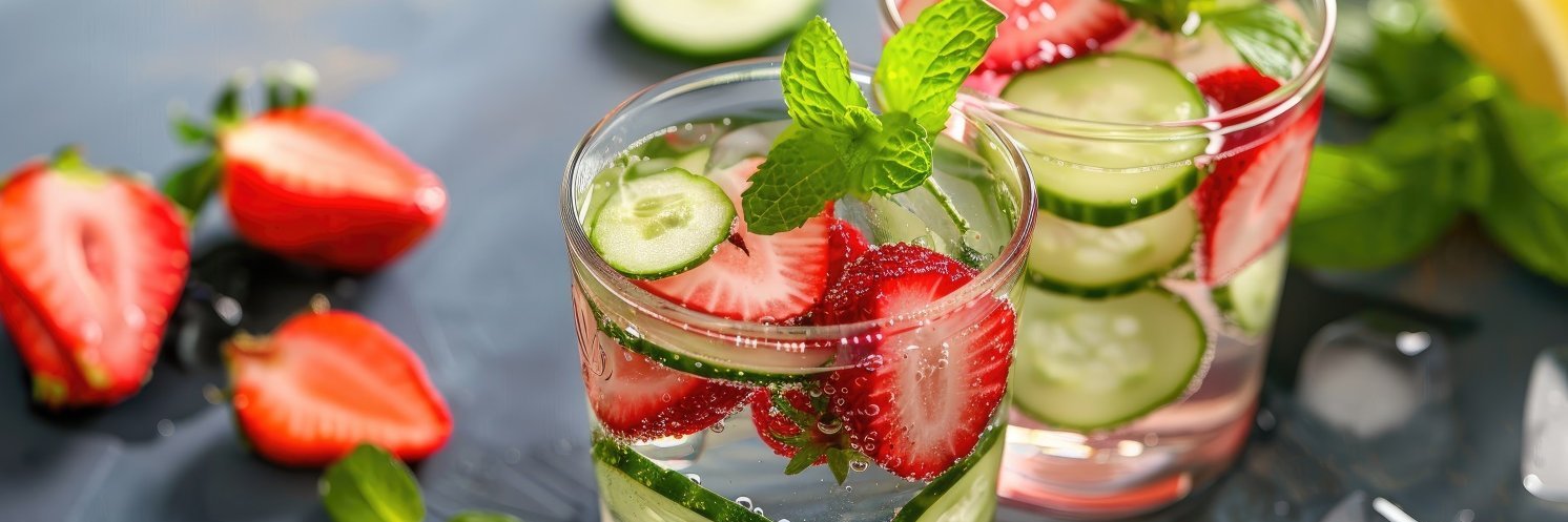 Auf einem dunklen Holztisch stehen zwei Gläser mit Mineralwasser, Erdbeer- und Gurkenscheiben sowie Minzstängeln. Neben den Gläsern liegen weitere Erdbeeren, Zitrone und Eiswürfel. 