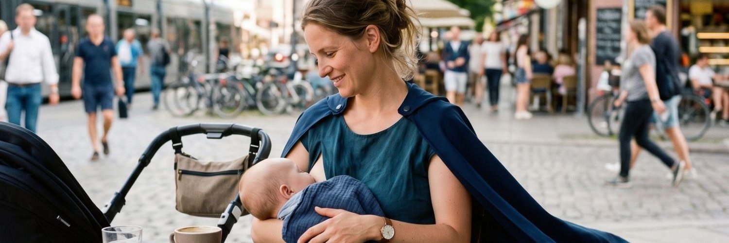 Eine Frau sitzt mit ihrem Baby stillend in einem Cafe in der Fußgängerzone.