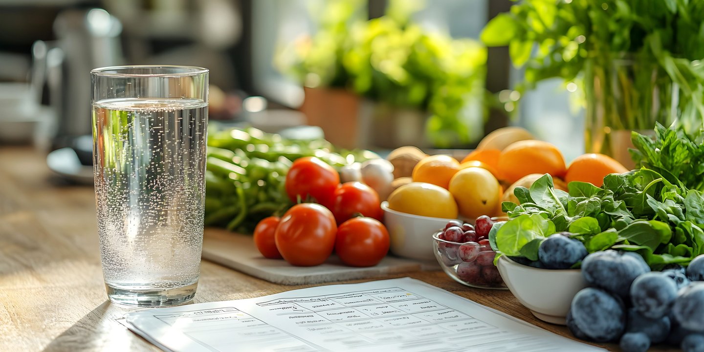 Obst, Gemüse, Kräuter liegen neben Blatt mit Tabelle und Wasserglas auf einem Tisch.