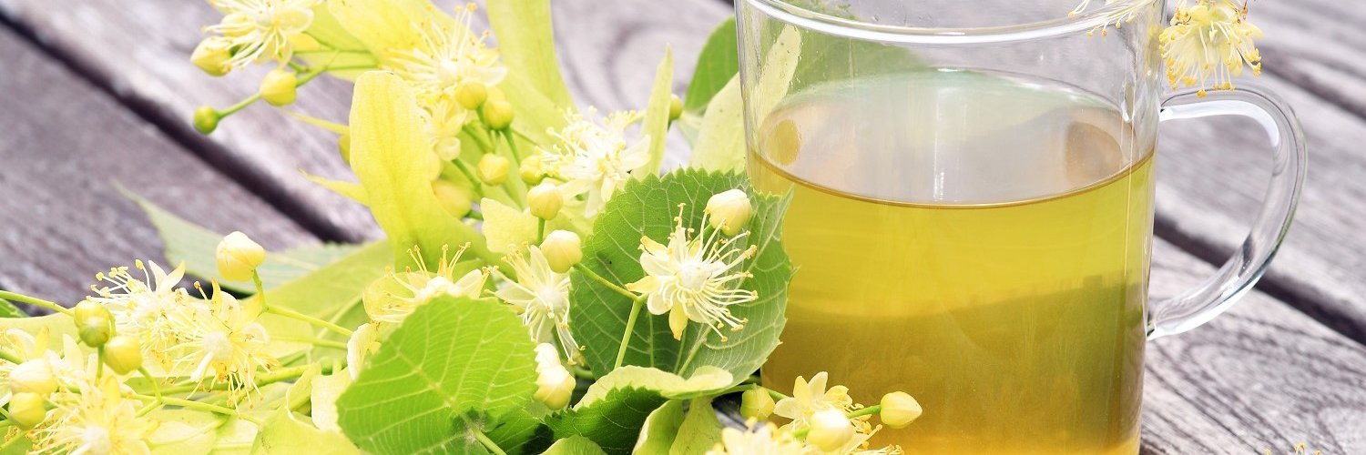 Auf einem Holzuntergrund liegen gelb-grünliche Lindenblüten, Knospen und Blätter. Daneben steht ein Glas mit Lindeblütentee. 