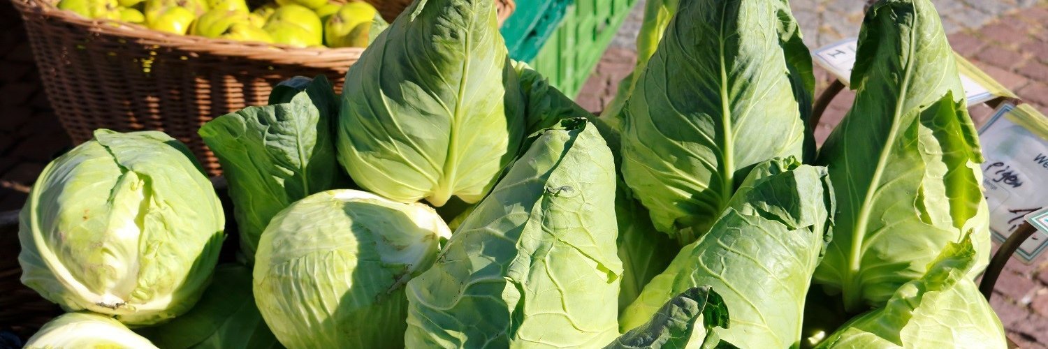 Auf einem Markt werden grüner Spitzkohl und Weißkohl verkauft.