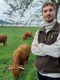 Ein Mann steht auf einer Weide. Daneben grasen Rinder.
