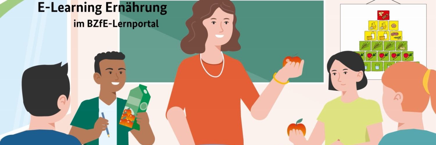 Der Screenshot zeigt eine animierte Szene in der eine Lehrerin in einer Klasse einen Apfel hochhält. Ringsum sitzen Schülerinnen und Schüler und betrachten Äpfel und Apfelsaft. Im Hintergrund sind eine Schultafel und die Ernährungspyramide.