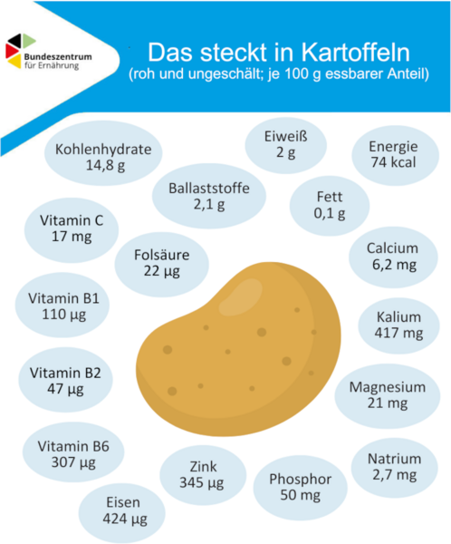 Die Grafik zeigt die Inhaltsstoffe in 100 Gramm Kartoffeln.
