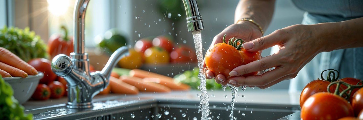 Frau wäscht Tomate unter fließendem Wasser.