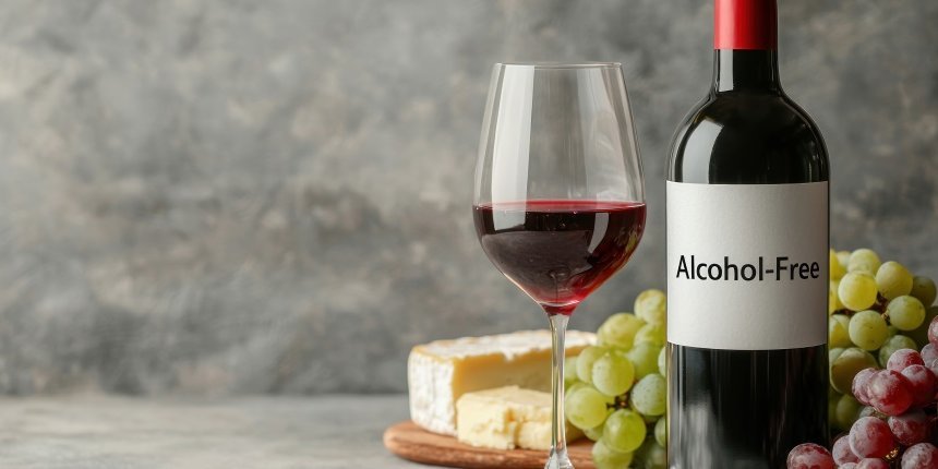 Vor einem grauen Hintergrund steht eine Weinflasche mit der Aufschrift „Alcohol free“ neben einem Weinglas mit einer dunkelroten Flüssigkeit. Im Hintergrund liegen Käse, rote und weiße Trauben.. Artikel "Wein und Sekt ohne Alkohol" öffnen.