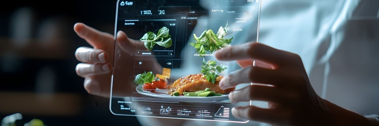 Eine Person in weißem Oberteil hält eine Glastafel in Händen auf der Bilder von Lebensmitteln abgebildet sind.