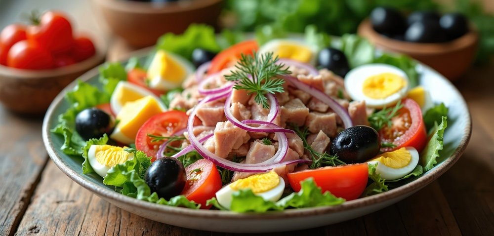 Ein bunter Salat auf einem weißen Teller. Oben drauf liegen ein gevierteltes Ei und Thunfisch.