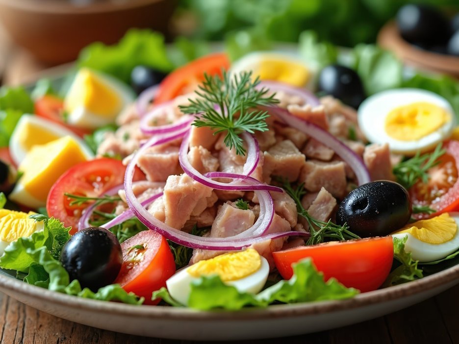Ein bunter Salat auf einem weißen Teller. Oben drauf liegen ein gevierteltes Ei und Thunfisch.