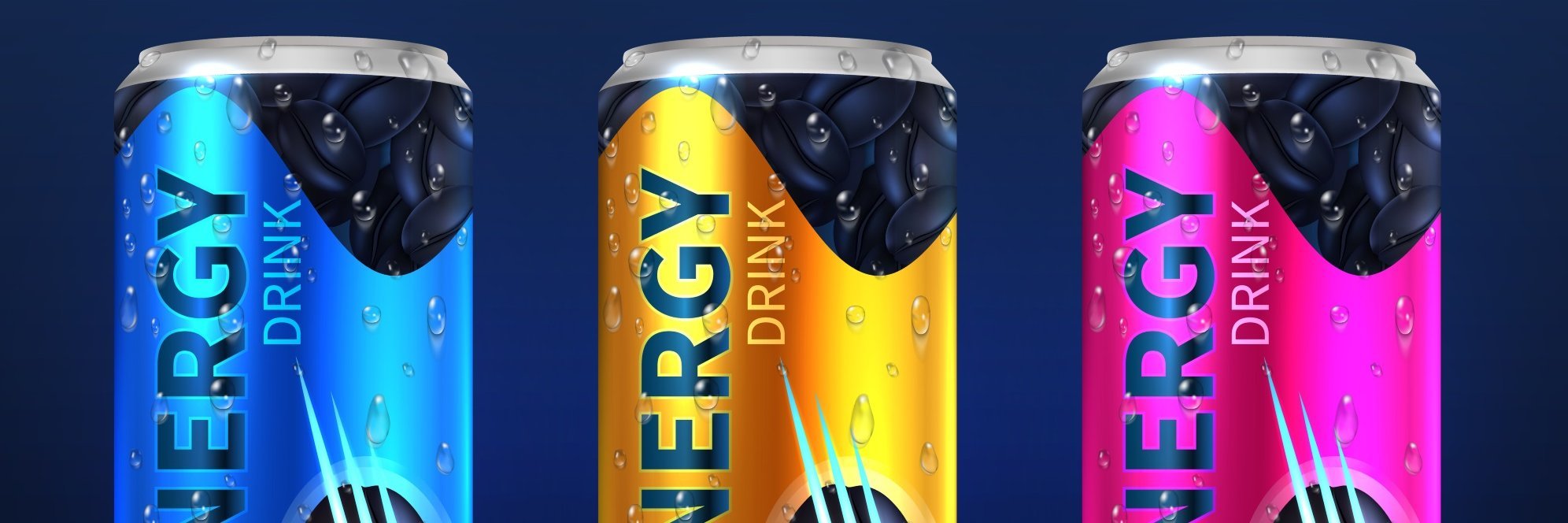 Drei Energy-Drink-Dosen sind abgebildet.