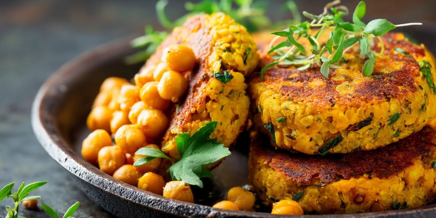 Gekochte Kichererbsen und Bratlinge liegen auf einem schwarzen Teller.