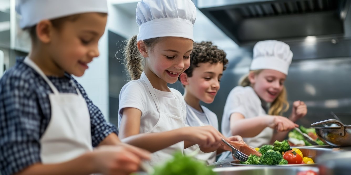 Schülerinnen und Schüler kochen in professioneller Kochkleidung.. Artikel "Schulleben gestalten" öffnen.