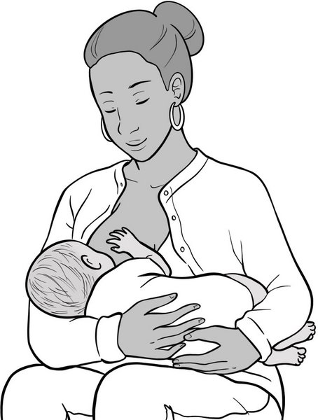 Die Stillende sitzt aufrecht mit ihrem Baby im Arm und an der Brust. Das Baby wird am Rücken gestützt.