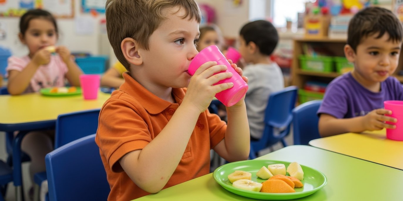 Kitakinder sitzen an bunten Tischen und Essen und Trinken bei einer Zwischenmahlzeit.. Artikel "Kindliche Ess-Typen" öffnen.