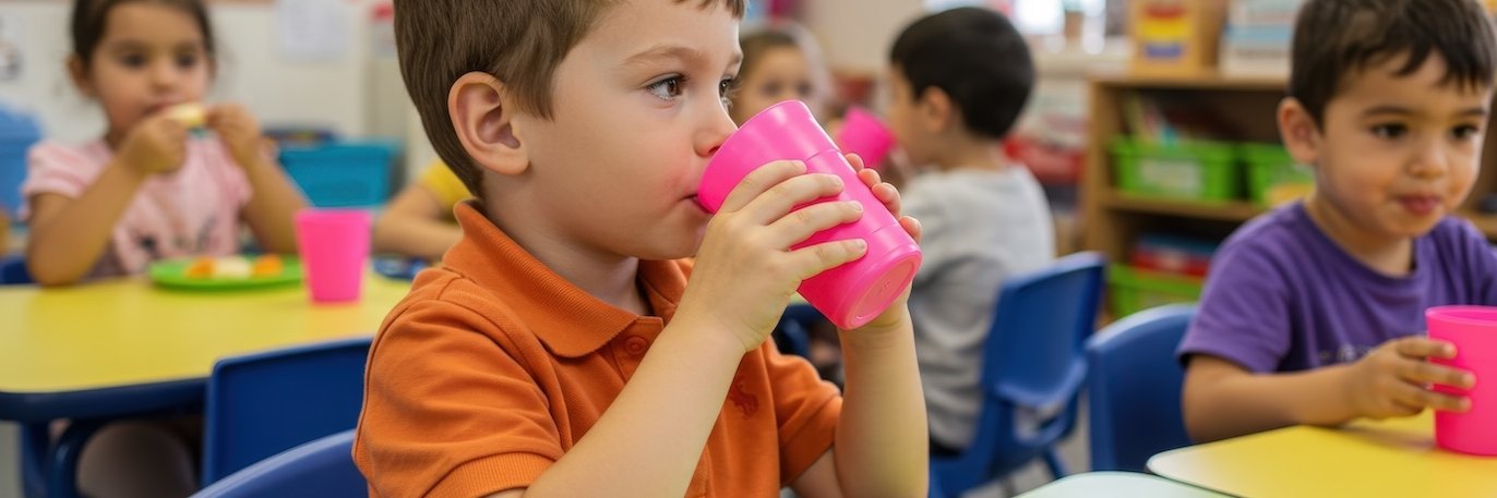 Kitakinder sitzen an bunten Tischen und Essen und Trinken bei einer Zwischenmahlzeit.