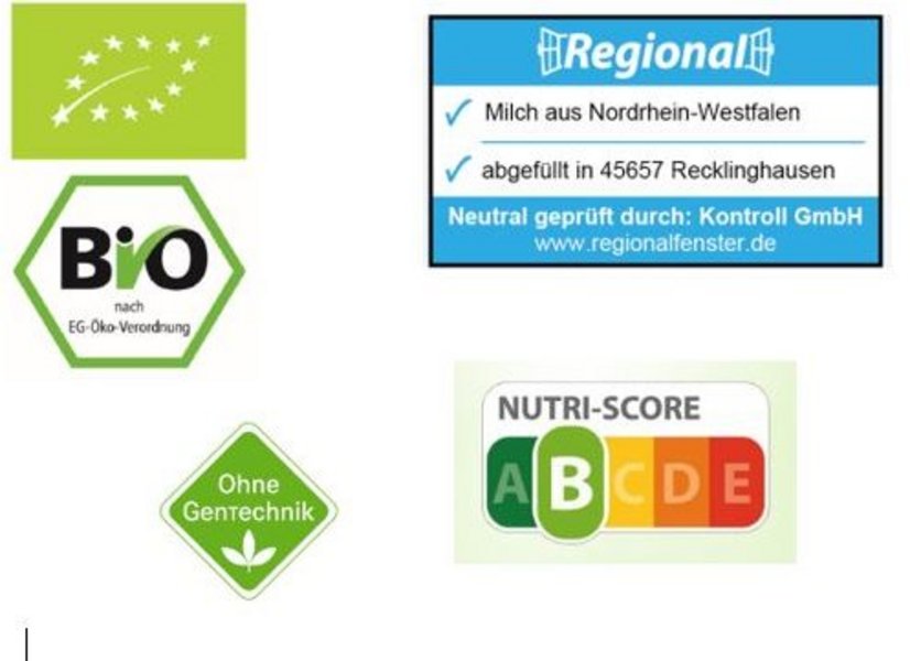 Bio-Siegel, Regionalsiegel, Nutri-Score und Siegel ohne Gentechnik auf weissem Grund.