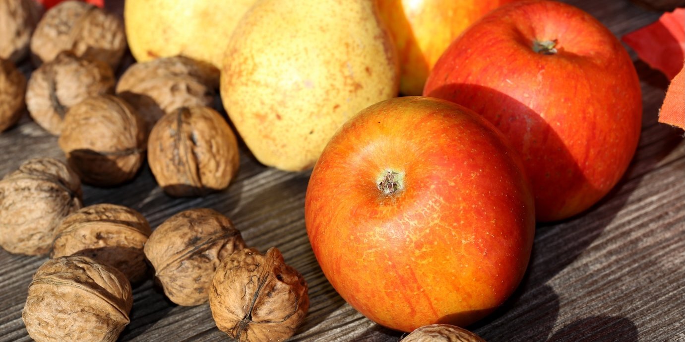 Äpfel, Walnüsse und Birnen liegen auf einem rustikalen Holztisch.. Artikel "Was ist Obst der Saison?" öffnen.