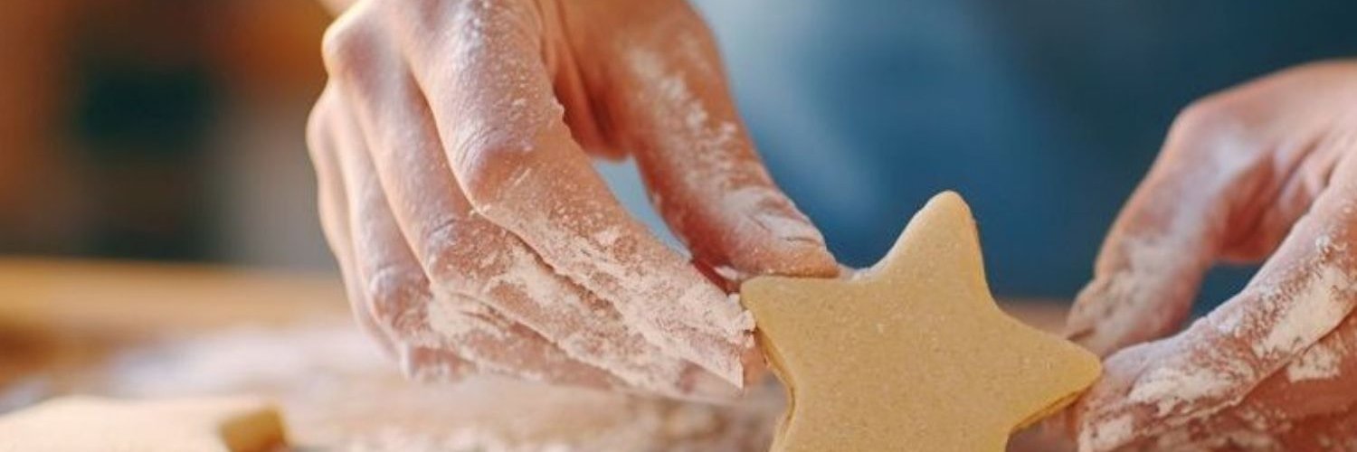 Bemehlte Frauenhände halte ein Plätzchen in Sternform in der Hand. 