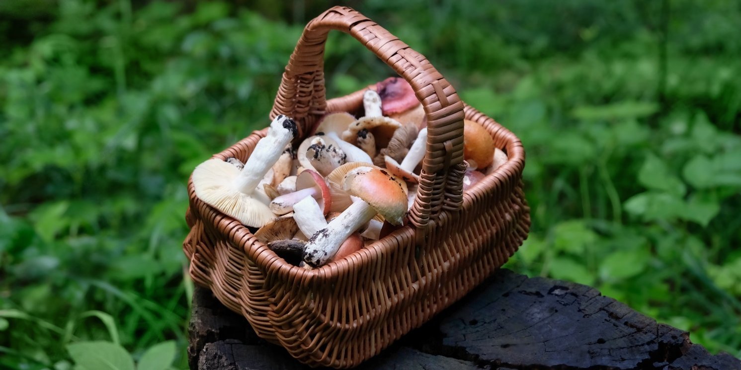 Ein eckiger Korb steht auf einem Baumstumpf im Wald, mit frisch gesammelten Pilzen gefüllt.. Artikel "Radioaktive Werte von Wildpilzen unbedenklich " öffnen.
