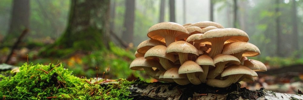 Blick auf einen umgestürtzten, moosbewachsenen Baumstamm im Wald aus dem eine Kolonie gelber Lamellenpilze wachsen.