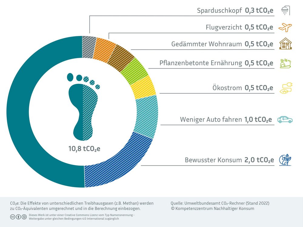 Die Grafik zeigt einen Fußabdruck und drum herum ein Kreisdiagramm mit den Maßnahmen, mit denen der durchschnittliche Klimafußabdruck halbiert werden kann.
