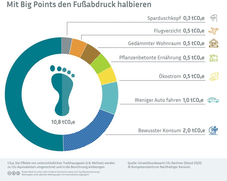 Die Grafik zeigt einen Fußabdruck und drum herum ein Kreisdiagramm mit den Maßnahmen, mit denen der durchschnittliche Klimafußabdruck halbiert werden kann.