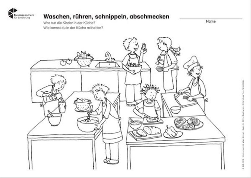 Ausmalbild zum Thema Waschen, Rühren, Schnippeln und Abschmecken.