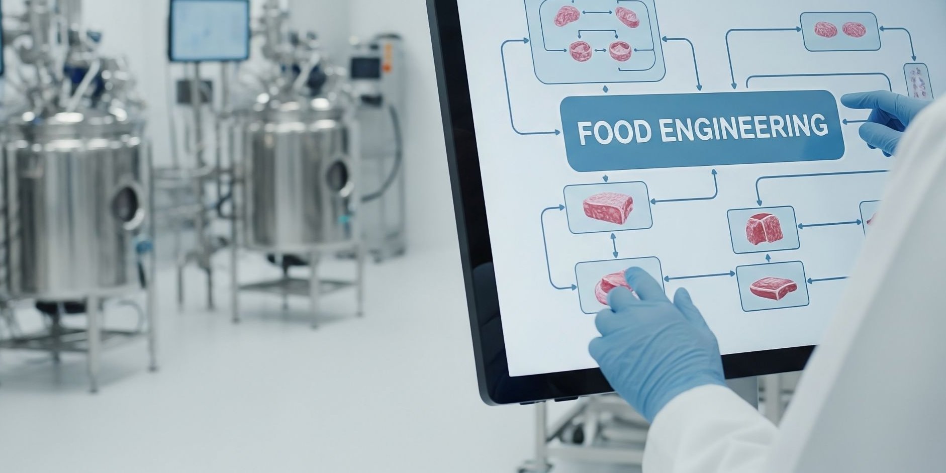 Ein Lebensmitteltechniker steuert die Produktion von kultiviertem Fleisch auf einem Touchscreen. Im Hintergrund sind Bioreaktoren aus Edelstahl zu sehen.. Artikel "Fleisch und Fisch aus dem Bioreaktor" öffnen.