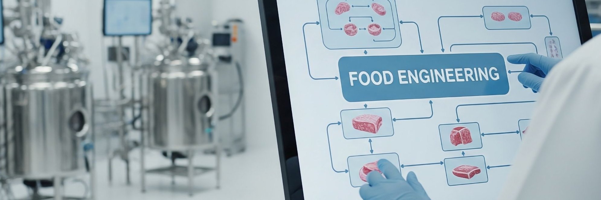 Ein Lebensmitteltechniker steuert die Produktion von kultiviertem Fleisch auf einem Touchscreen. Im Hintergrund sind Bioreaktoren aus Edelstahl zu sehen.