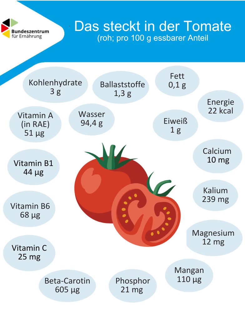 Die Grafik zeigt die wichtigsten Inhalttsstoffe von Tomaten je 100 Gramm.