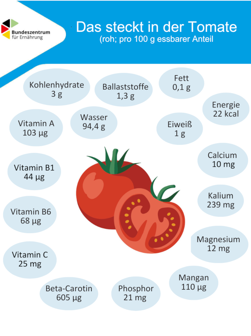 Die Grafik zeigt die wichtigsten Inhalttsstoffe von Tomaten je 100 Gramm.