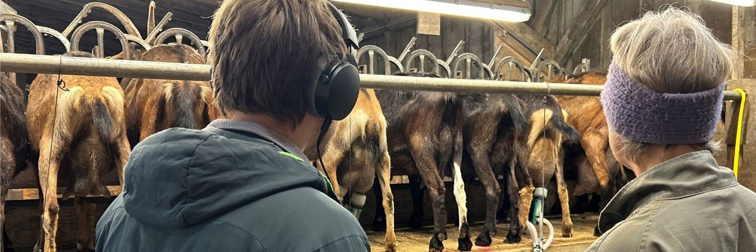 Sabine Jürß und Sebastian H. Schröder stehen vor dem Melkstand der Ziegen. 