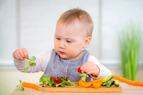 Bild: Ein Kleinkind schaut sich Salat an.