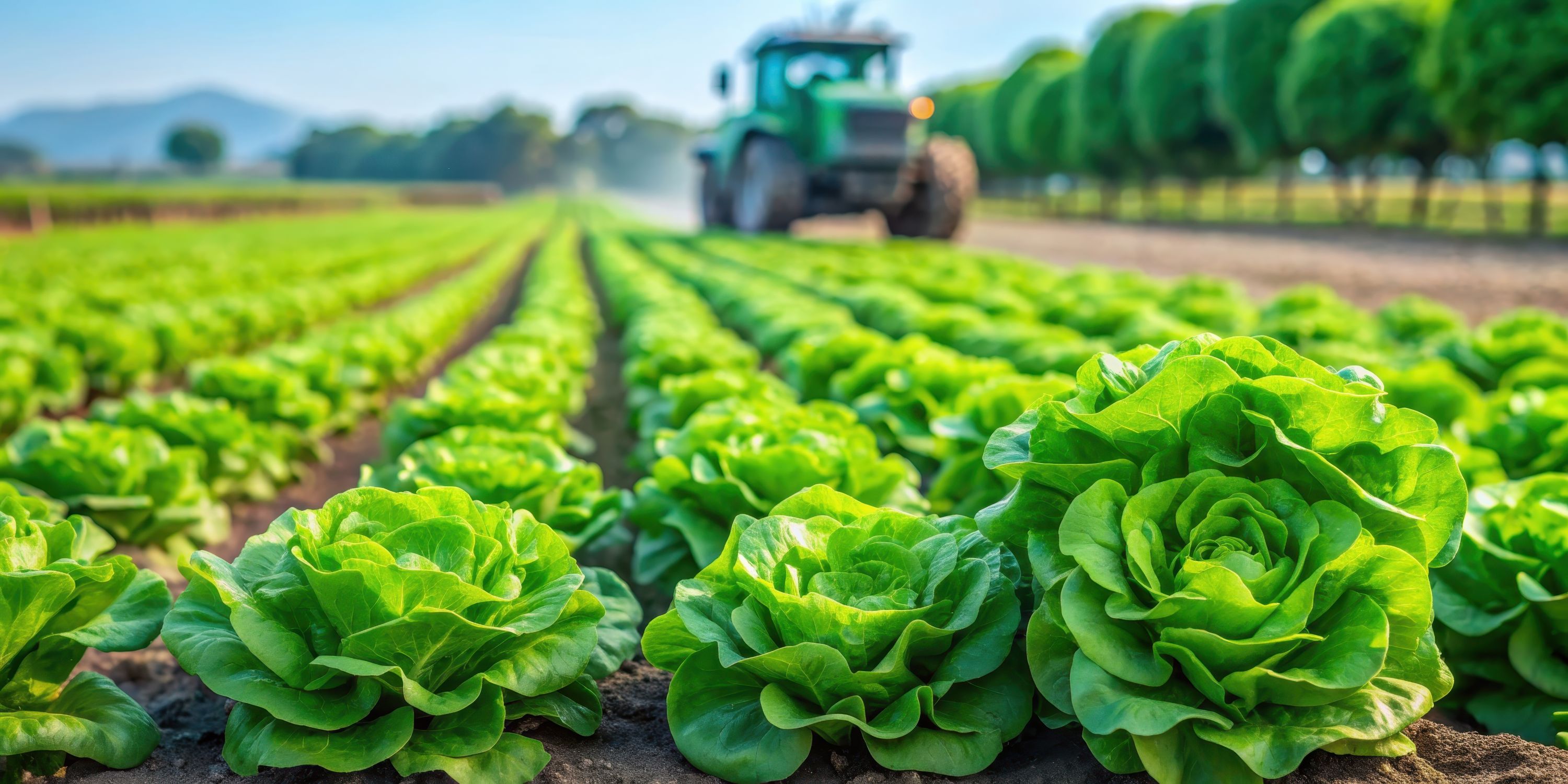 Ein Feld, auf dem Kopfsalat wächst. Im Hintergrund ein Traktor.. Artikel "Saisonal einkaufen" öffnen.